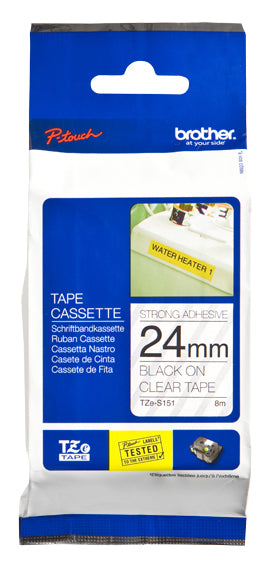 Etiqueta clara continua laminada con adhesivo super resistente Brother TZES151 - de 24 mm de ancho x 8 mts de largo. Impresión en negro. Etiqueta clara continua laminada con adhesivo super resistente Brother TZES151 - de 24 mm de ancho x 8 mts de largo. Impresión en negro.